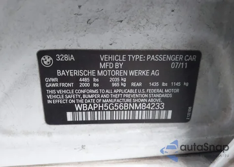 2011 BMW 328 I Sulev from USA, damaged, VIN WBAPH5G56BNM84233